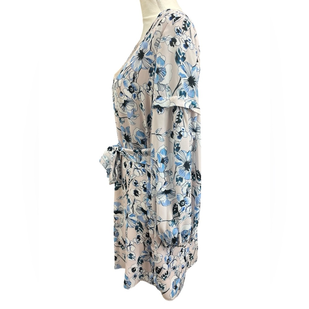 Parker Blush Blue Floral Tie Waist Mini Dress Long Sleeve Size S - Picture 3 of 9